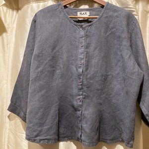 FLAX 100% Linen Large 3/4 sleeve button down top, periwinkle-grey.